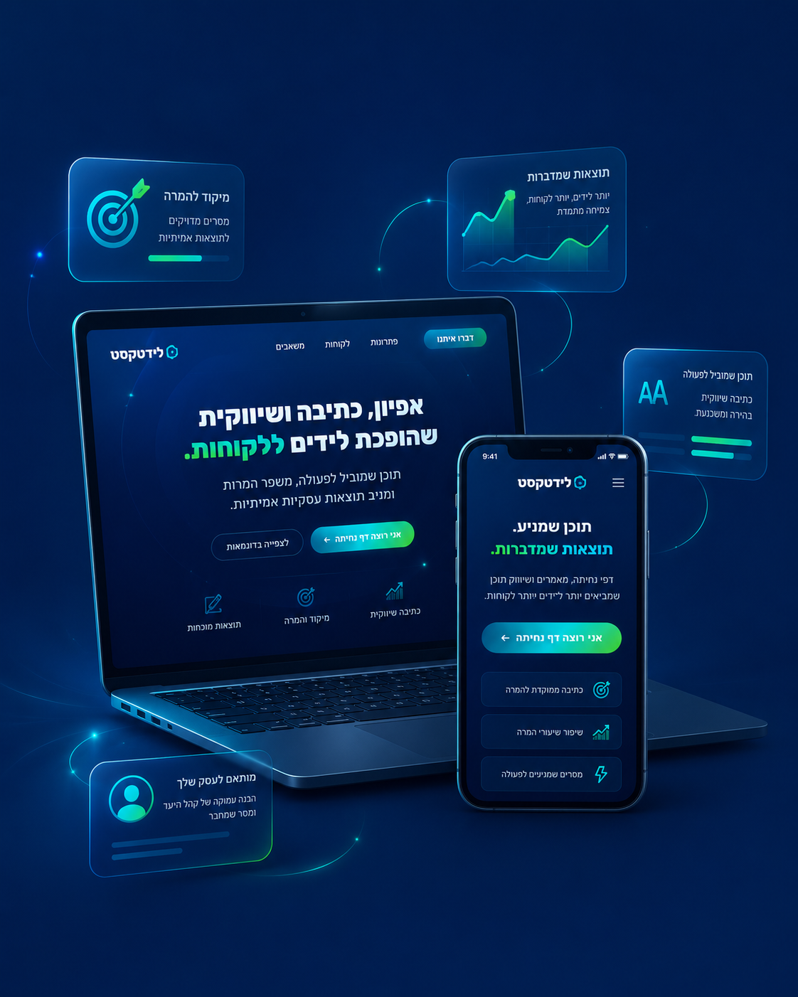 דף נחיתה שמוביל לפנייה - תצוגת דסקטופ ומובייל